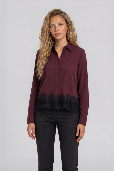Plum Lace Trim Button-Up Shirt