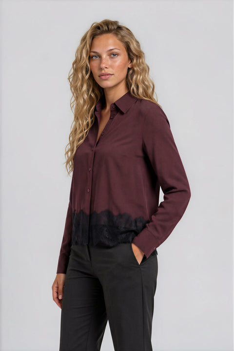 Plum Lace Trim Button-Up Shirt