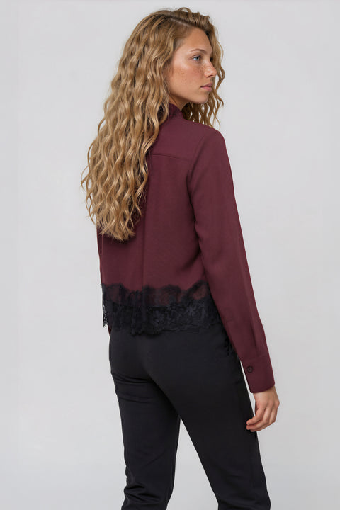 Plum Lace Trim Button-Up Shirt